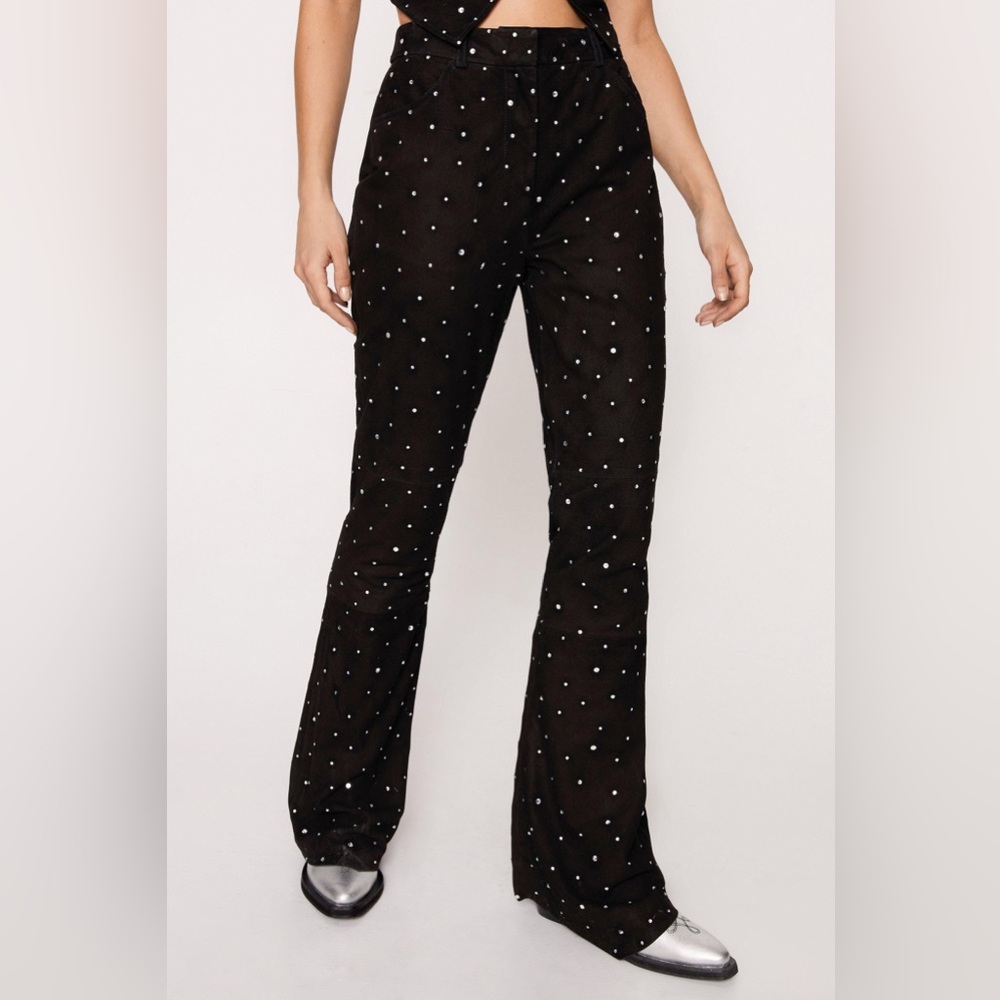 Nasty Gal Real Suede Diamante Studded Flare Trousers